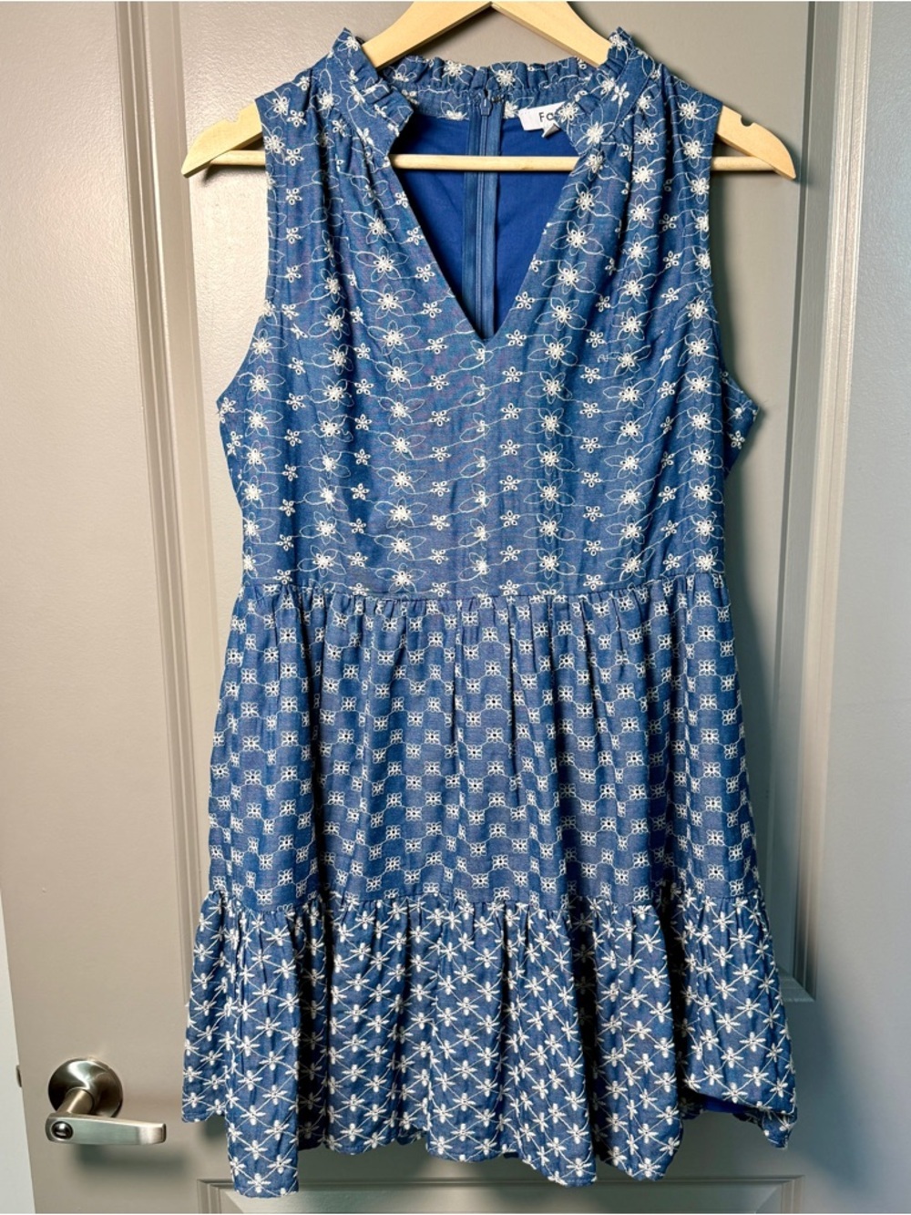Fate Chambray Embroidered Floral Tiered  Mini Dress Cottagecore Romantic Small